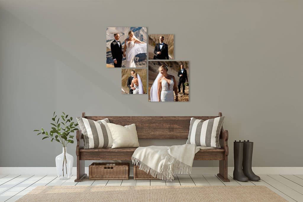 Helicopter adventure wedding photographs in Canmore Alberta displayed as wall art in a clients home