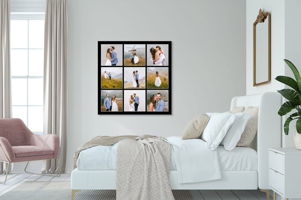 Nine photographs from an Elopement wedding displayed as wall art