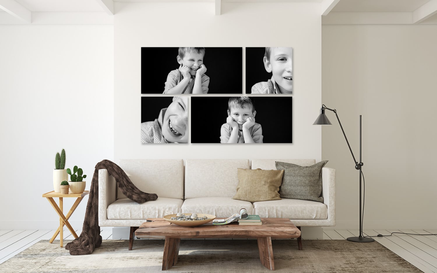 a boy laughing during a professional photography shoot in Calgary. The end product are of his photographs displayed as wall art in their home