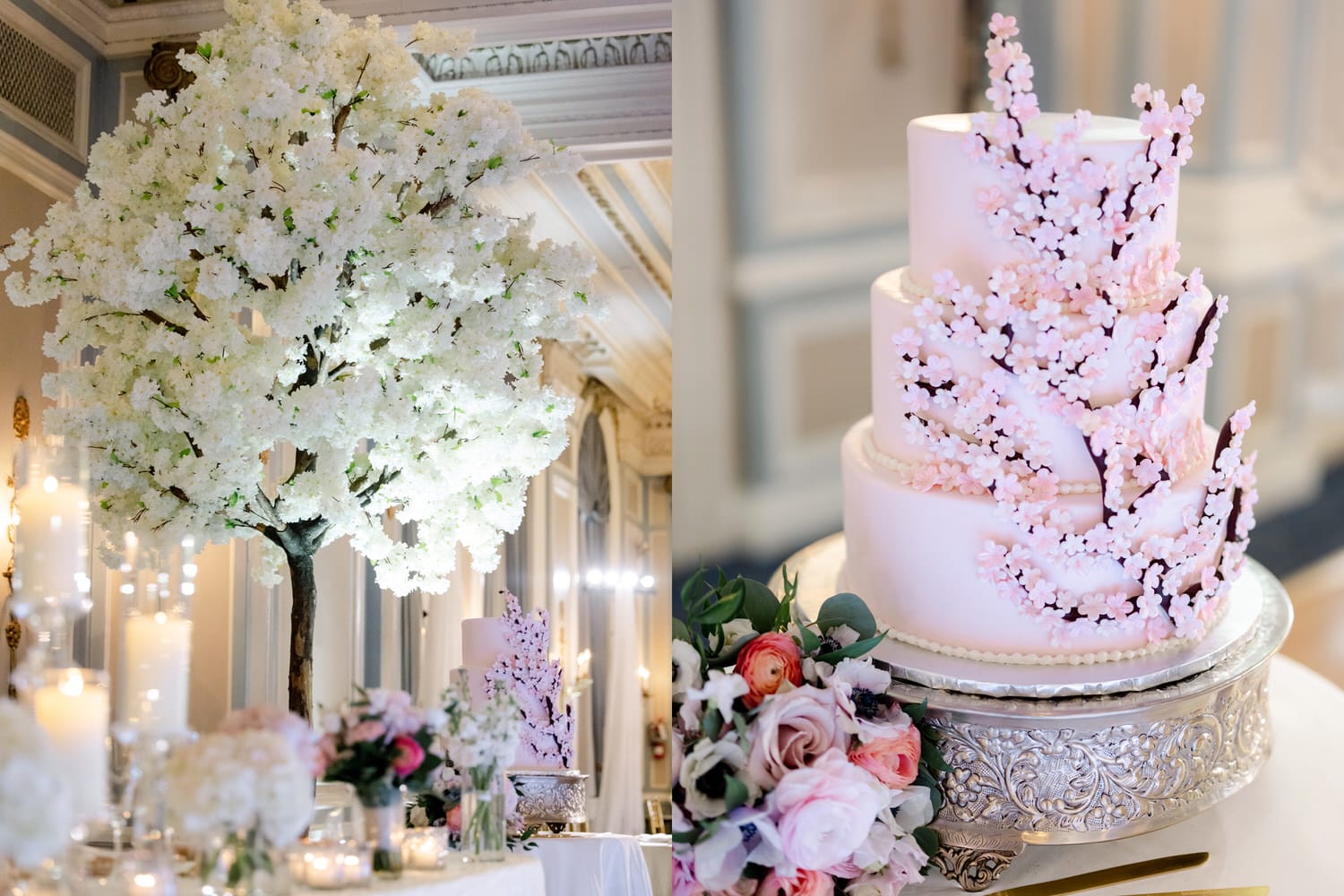 A split image showing a decorative white floral tree on the left and an intricately designed floral wedding cake on the right, both set in an opulent interior setting with soft lighting and additional floral arrangements.