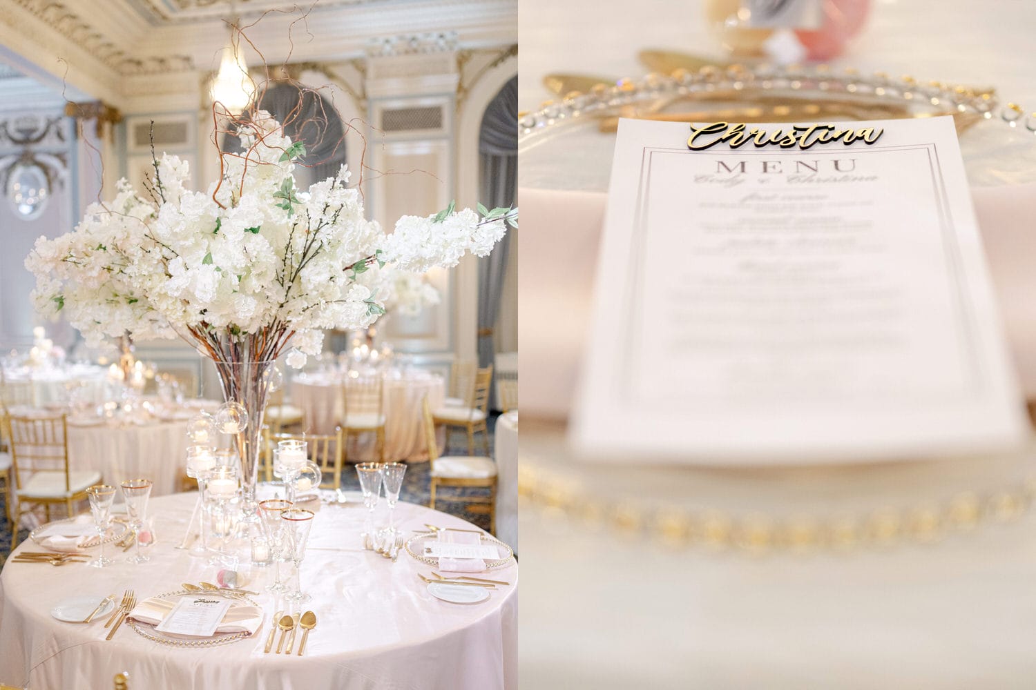 Two-part image showing wedding reception details with a focus on a beautifully arranged white floral centerpiece on a dining table, and a close-up of an ornate wedding menu.