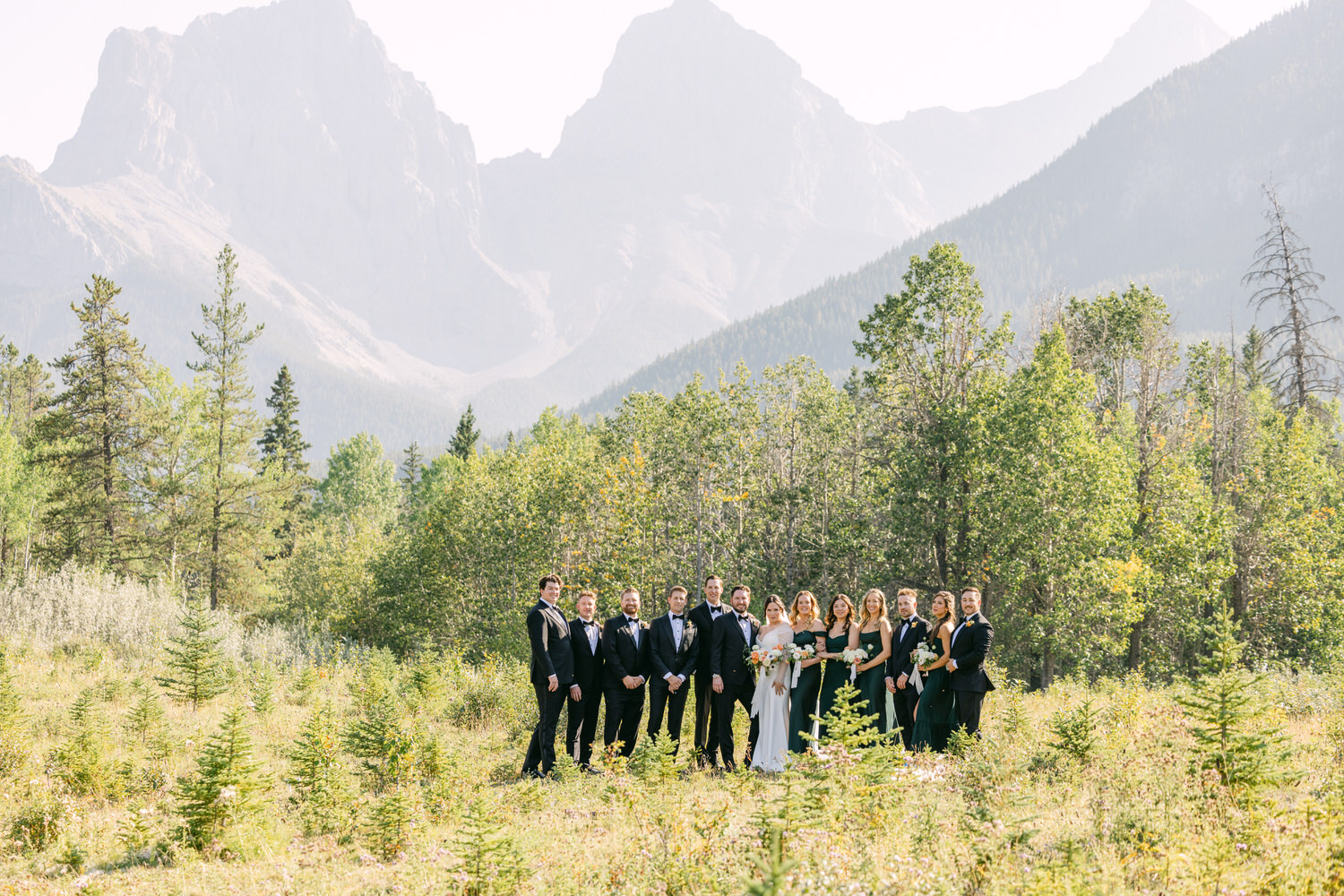 A wedding party posed in a sunlit meadow with towering mountains in the background.