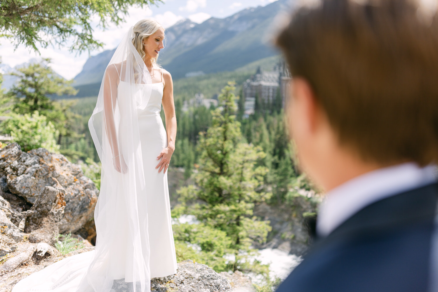 Bride in a white wedding dress and veil standing in a mountainous landscape, gazed upon by a groom in foreground with back towards camera.