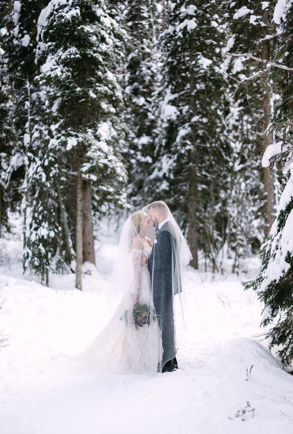 A bride and groom sharing a tender moment under a veil in a snowy forest setting.