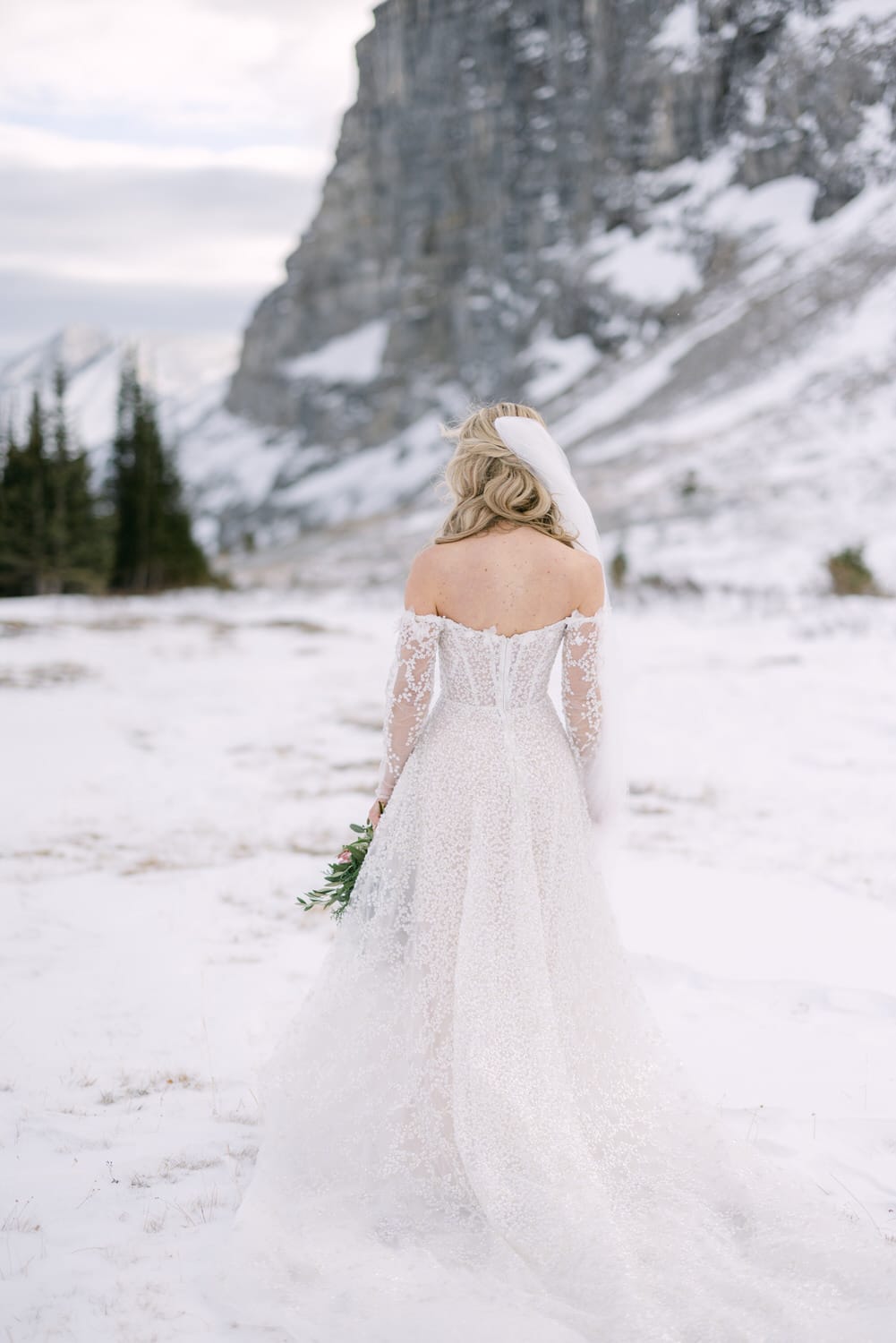 A bride in a lace wedding dress holding a bouquet, standing in a snowy landscape with mountains in the background.