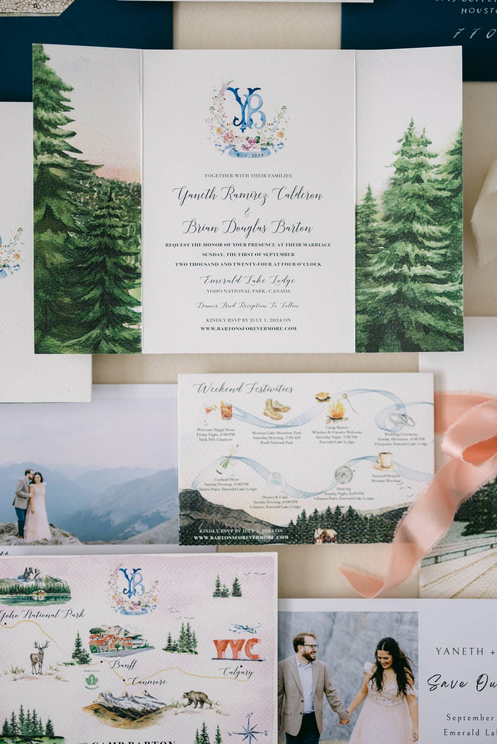 Assorted elegant wedding invitation cards with nature and mountain illustrations, additional event details, and a couple's photo.