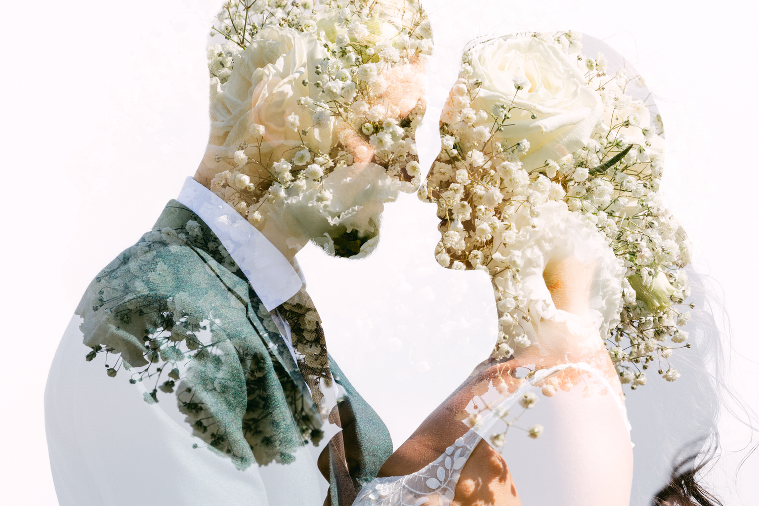 A romantic double exposure image featuring a couple about to kiss, their faces beautifully intertwined with flowers and greenery.