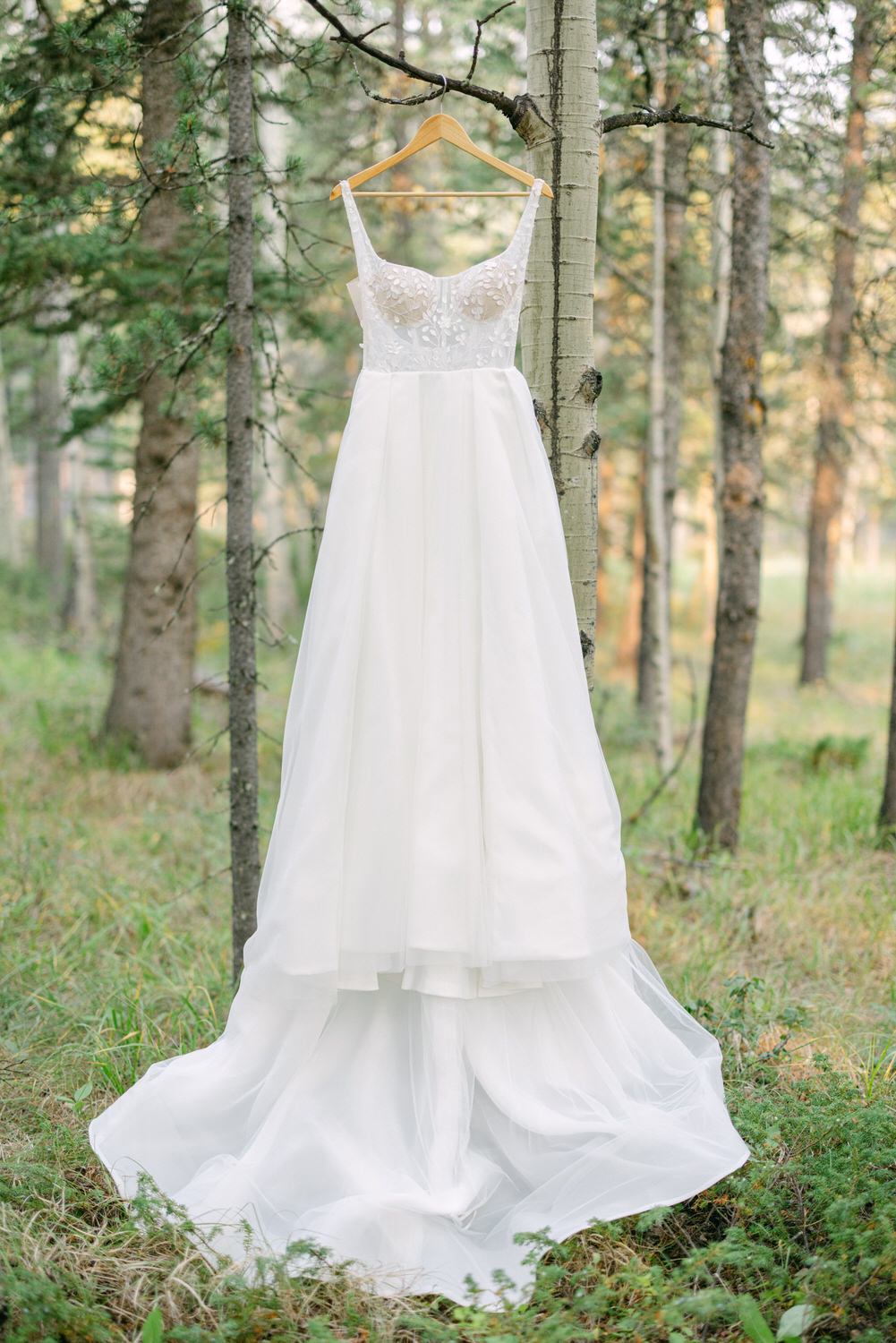 A beautiful white wedding dress hanging from a wooden hanger amidst a serene forest backdrop, showcasing intricate floral embroidery and a flowing train.