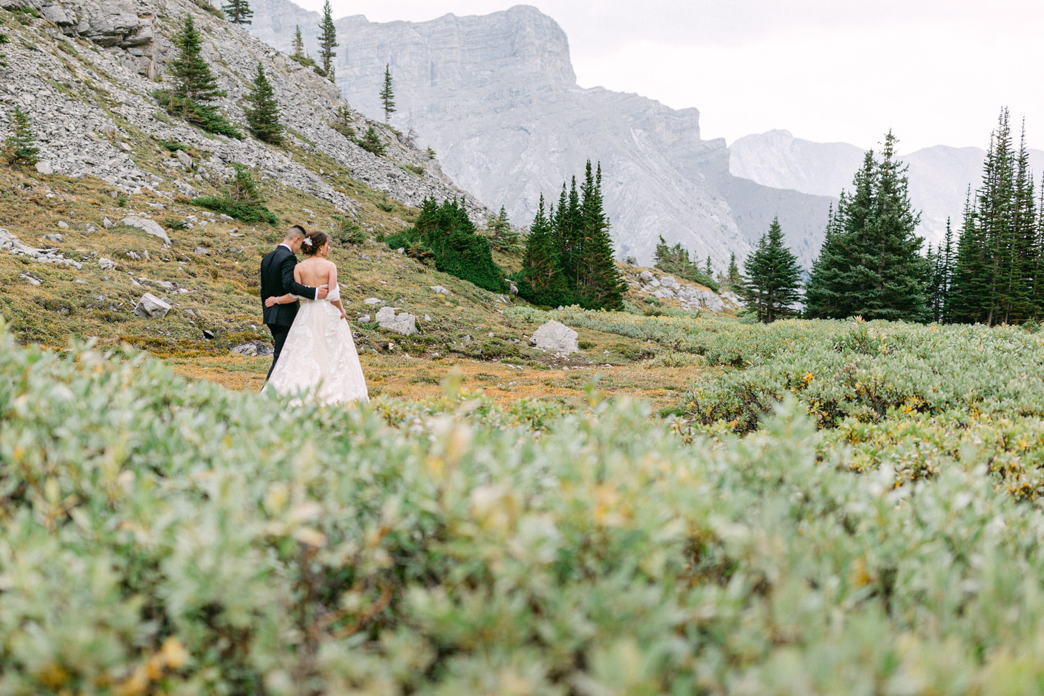 A couple in formal attire walks hand in hand through a lush, mountainous landscape, surrounded by evergreen trees and rocky terrain, capturing a serene moment in nature.