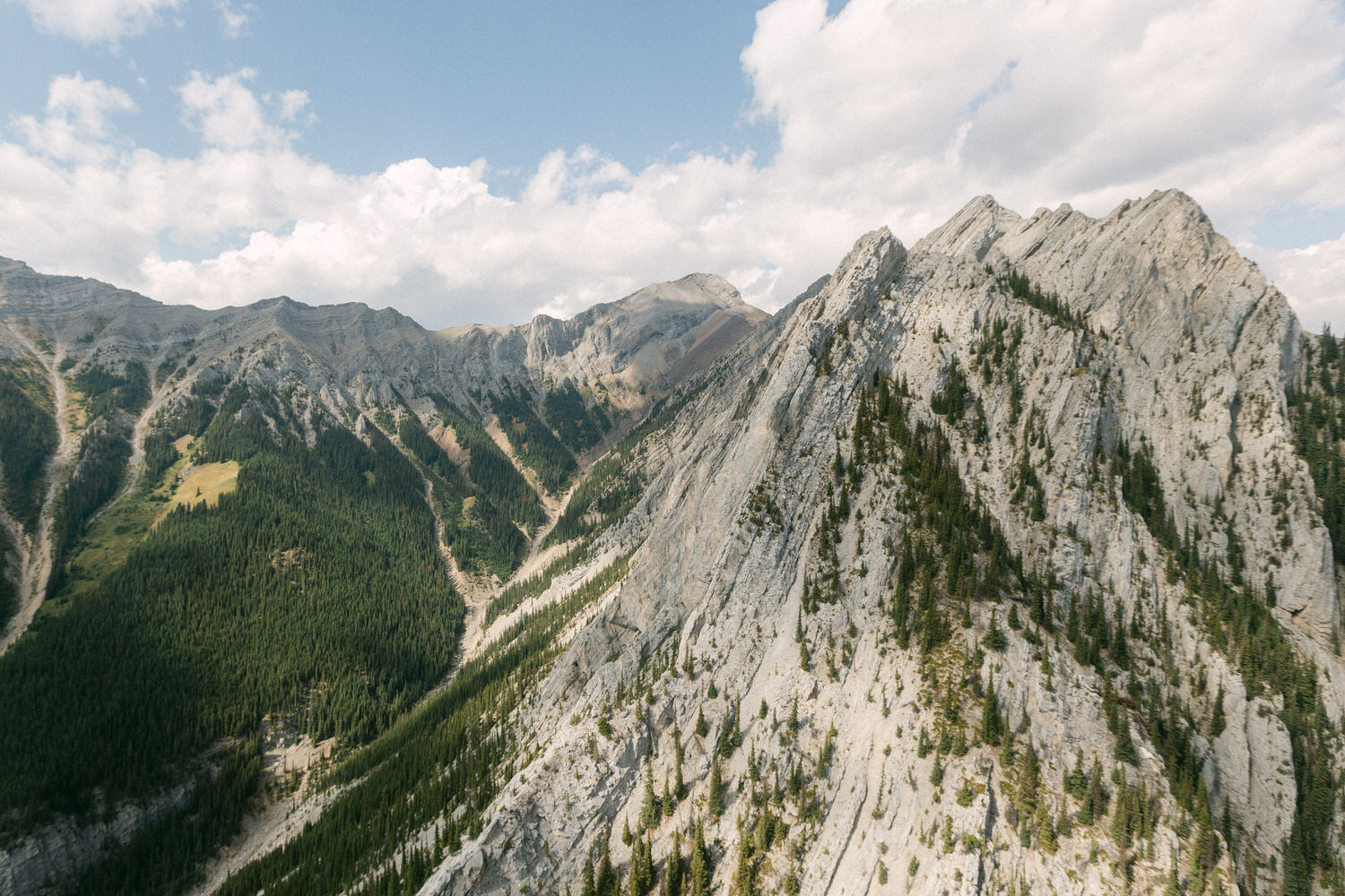 A panoramic view of rugged mountain peaks with green forests and dramatic cliffs under a blue sky.