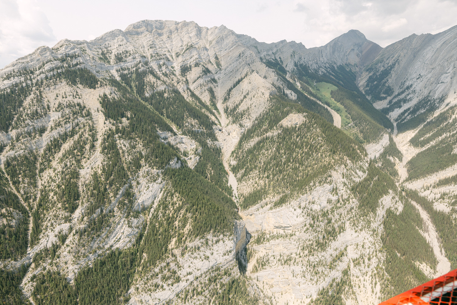 A stunning aerial view of a mountainous region featuring rugged peaks and a lush green valley, surrounded by dense evergreen forests.