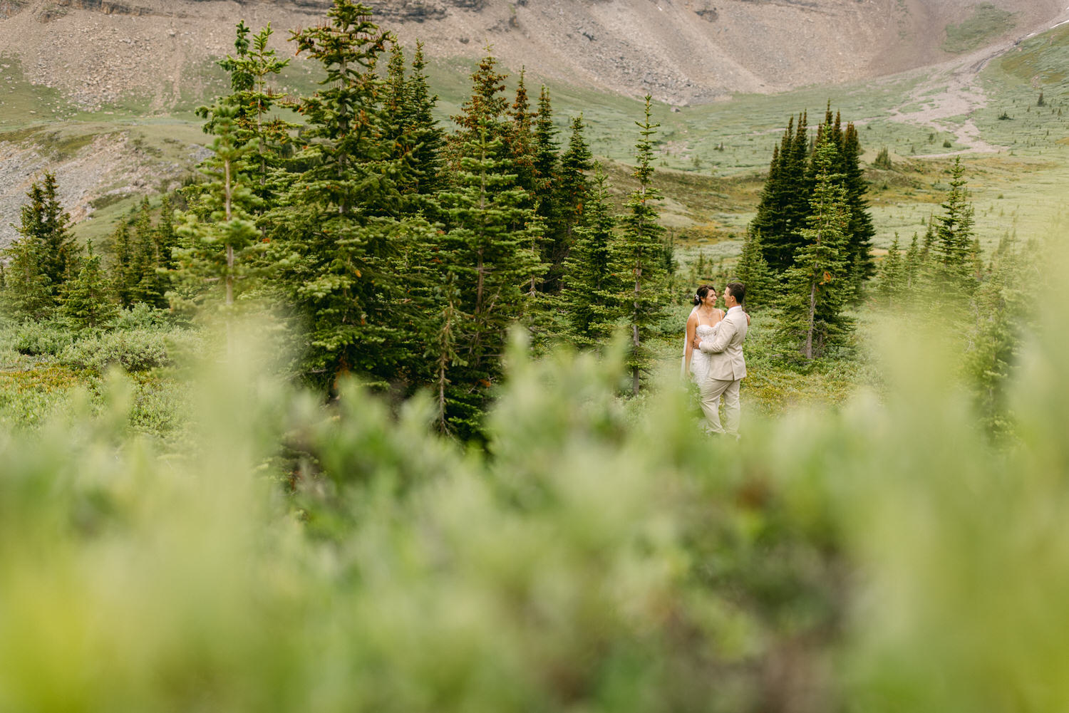 A couple embraces amidst lush green trees in a scenic mountainous landscape, capturing a romantic moment during their wedding.