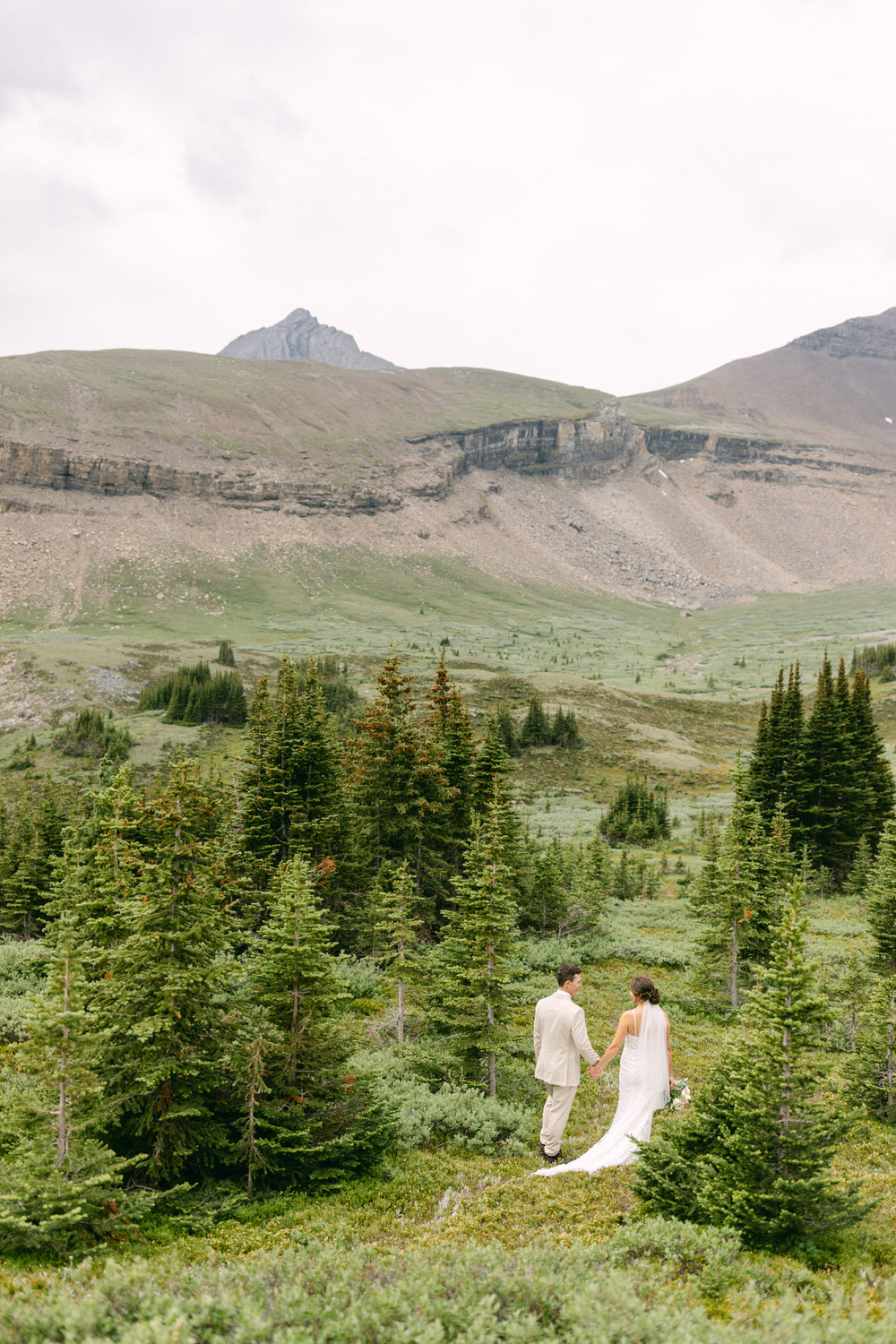 A couple holding hands in a lush green landscape with mountains in the background, dressed in wedding attire.