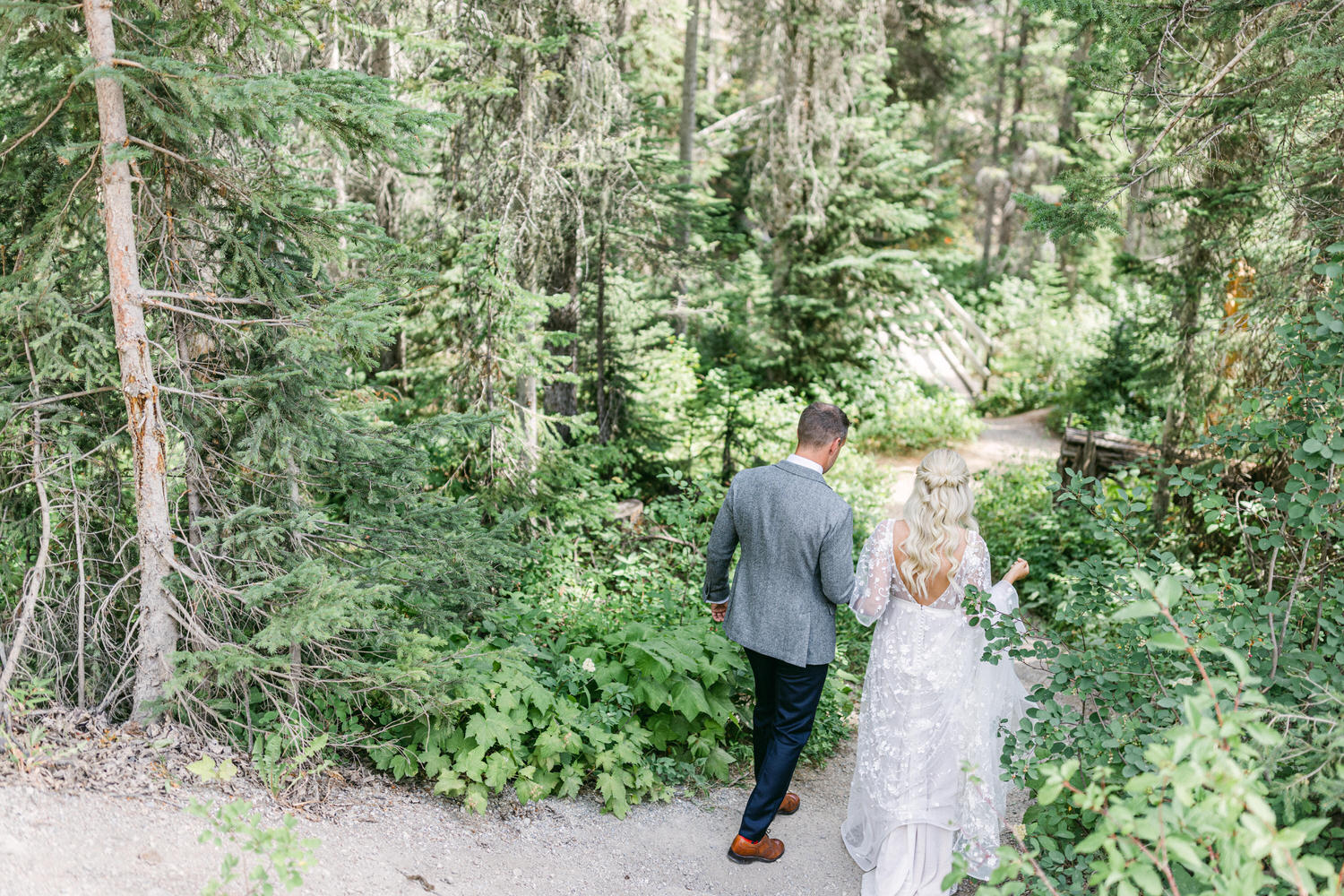 A couple walking hand-in-hand through a lush, green forest pathway, surrounded by trees and greenery, conveying a sense of love and tranquility.