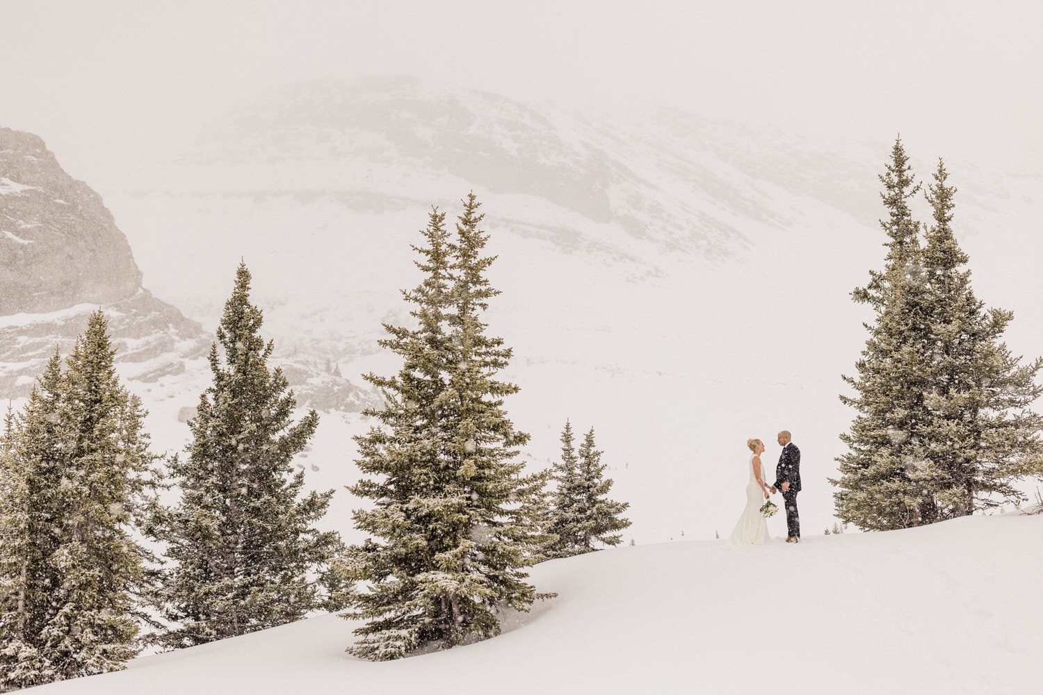 A bride and groom stand together in a snowy landscape, surrounded by evergreen trees amid a gentle snowfall.