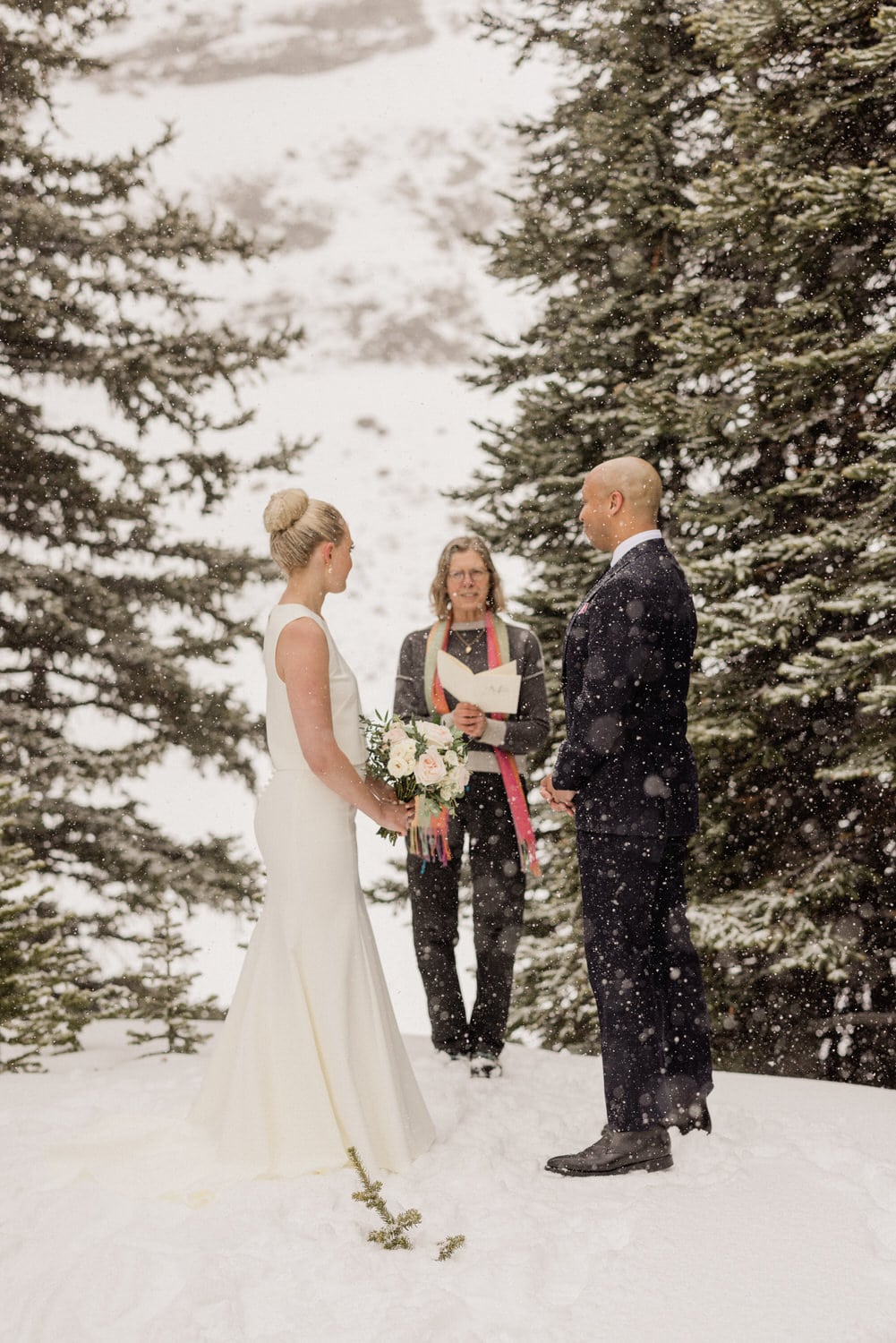 A bride and groom exchanging vows in a snowy outdoor setting, surrounded by pine trees, with an officiant holding a marriage license.