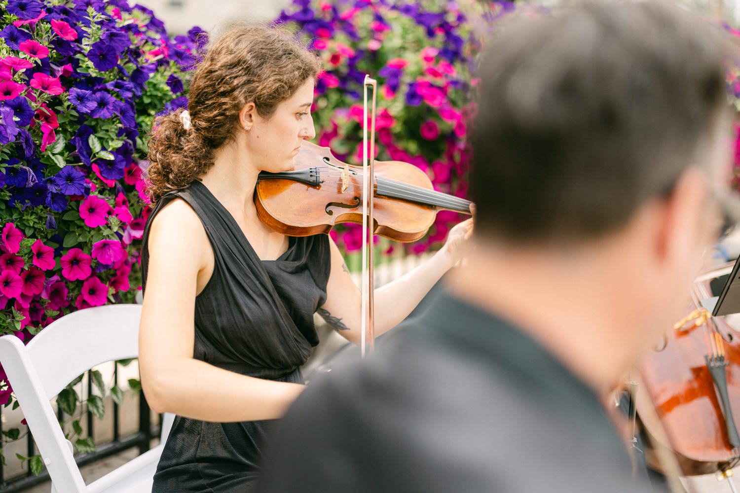 A focused female violinist plays her instrument amid colorful petunia blooms, capturing the essence of outdoor music.