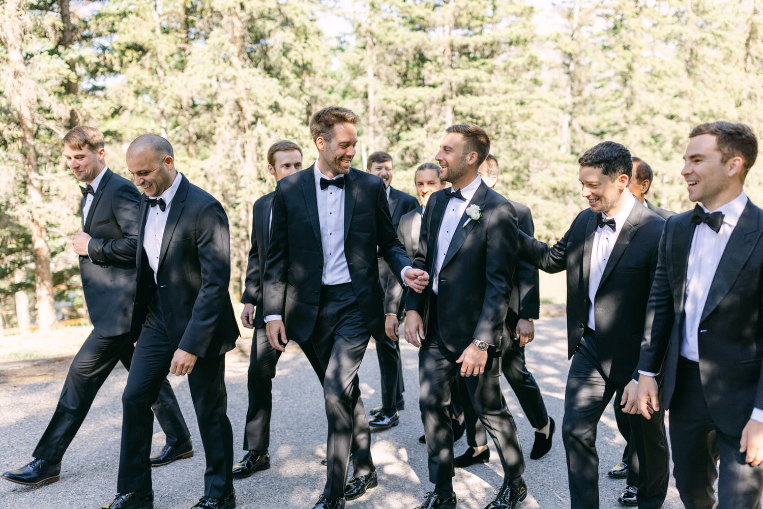 A group of well-dressed groomsmen in tuxedos walking together in a forested area, sharing smiles and laughter.