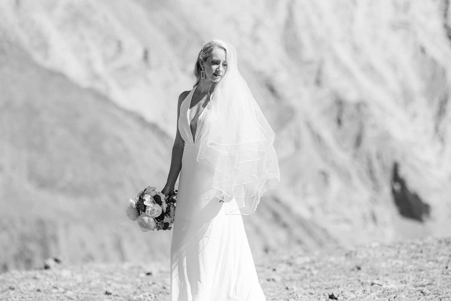 A beautiful bride in a flowing white gown and veil, holding a bouquet, stands against a stunning mountainous backdrop.