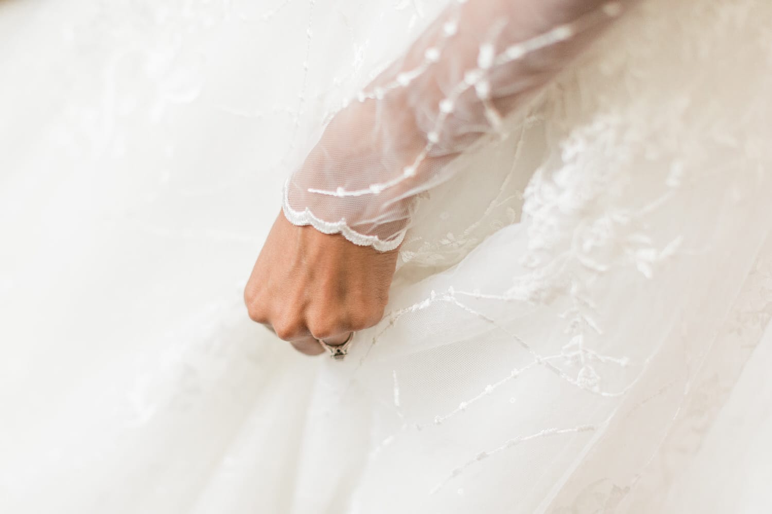 A close-up of a hand gripping a delicate, lace-trimmed wedding dress sleeve, showcasing intricate embroidery and sheer fabric.