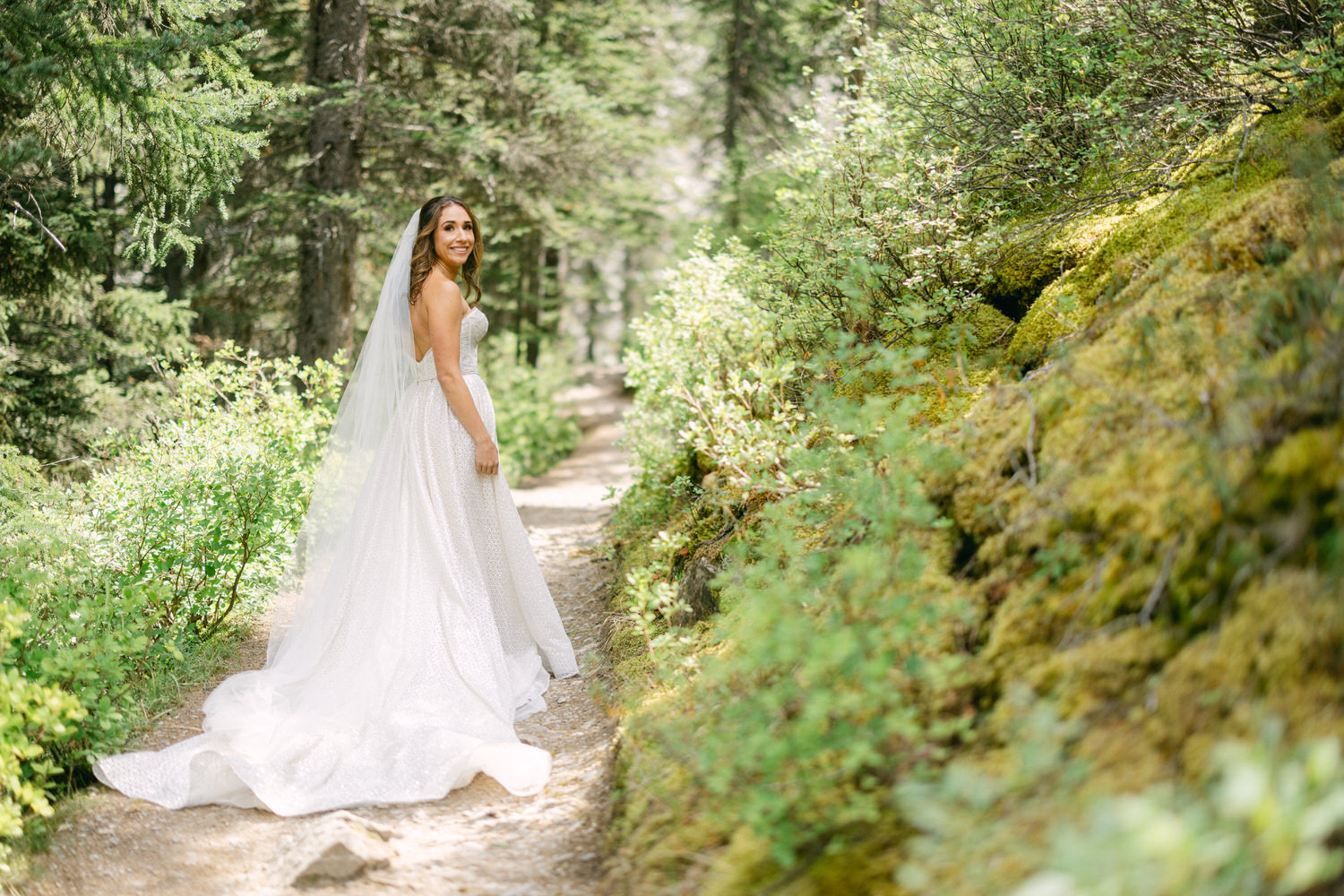 A bride in a flowing white gown and veil walks along a lush, wooded path, surrounded by greenery and sunlight.