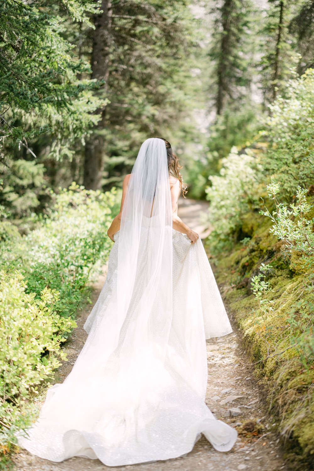 A bride in a flowing gown and veil walks along a scenic forest trail, surrounded by greenery and sunlit trees.