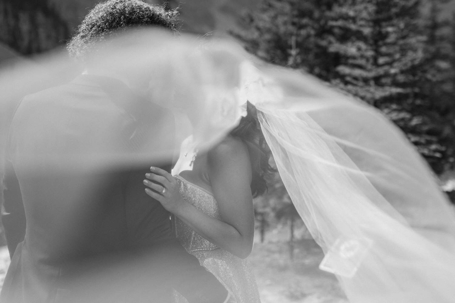 A close-up of a couple sharing a kiss, partially obscured by a flowing veil, set against a natural backdrop.