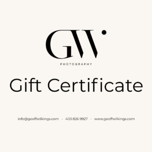 A sleek gift certificate featuring the logo of GW Photography at the top, with the text "Gift Certificate" prominently displayed in the center, along with contact information at the bottom.