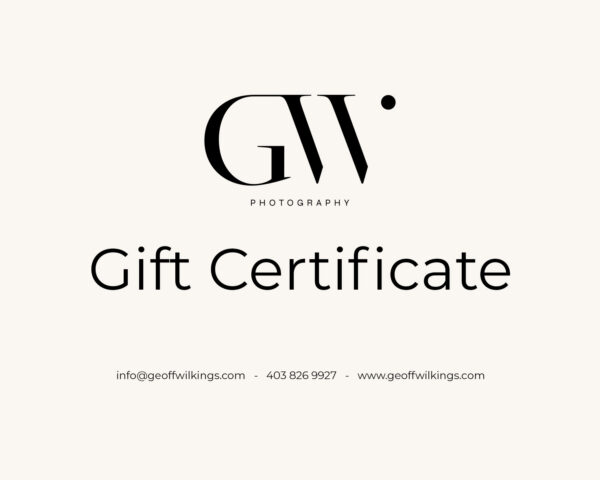 A sleek gift certificate featuring the logo of GW Photography at the top, with the text "Gift Certificate" prominently displayed in the center, along with contact information at the bottom.